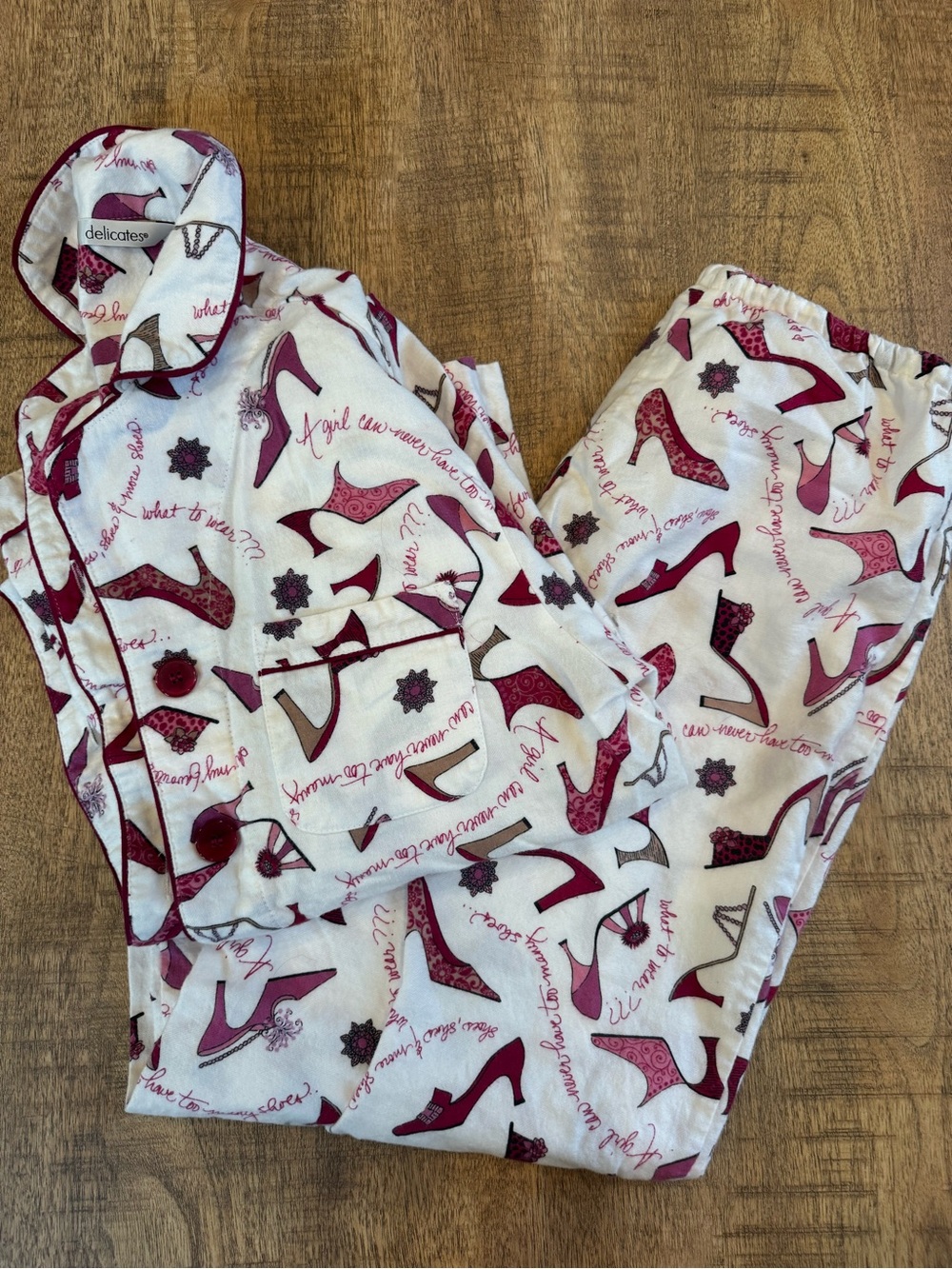 delicates White Pajama Set with Burgundy and Pink Shoe Print